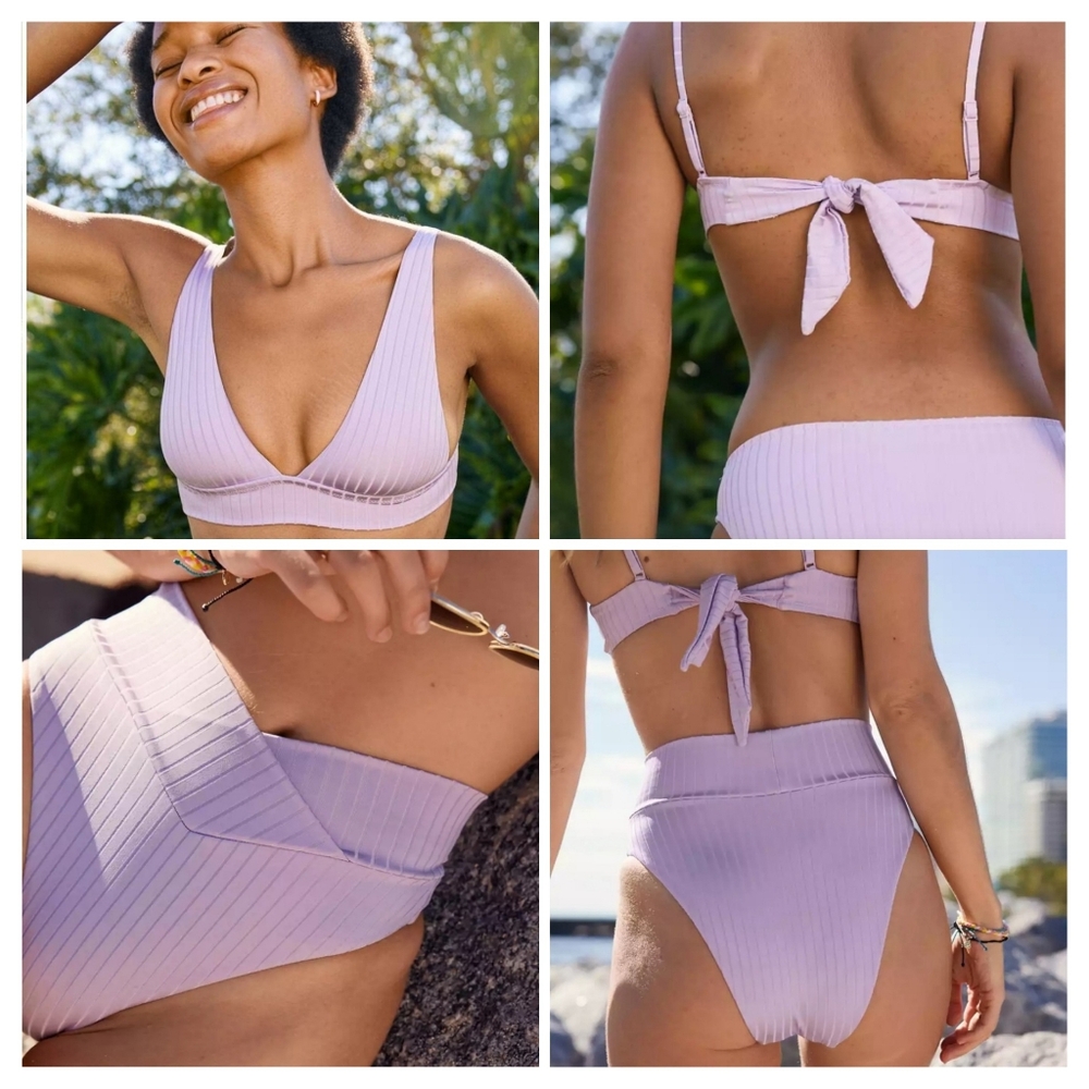 Aerie Ribbed Shine Bikini Set Triangle Top & High Waist High Cut Cheeky Bottoms